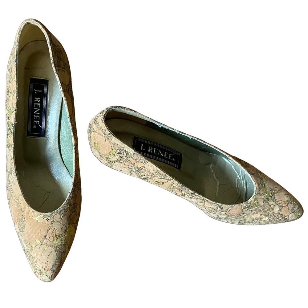 J. Renee Cork gold fleck kitten heel shoes